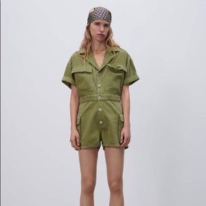 Zara Green Denim with Pockets Khaki Romper/Jumpsuit